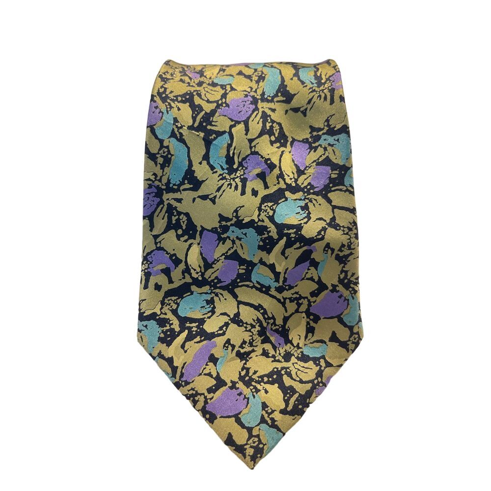 Primavera Luxury Silk Tie Gold Purple Teal Abstract Floral Pattern‎ Z-26